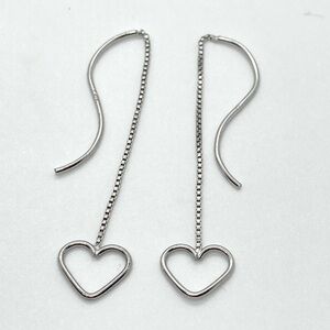 Vtg 925 Sterling Silver Chain & Heart Outline Dangle Threader Earrings | 2” L